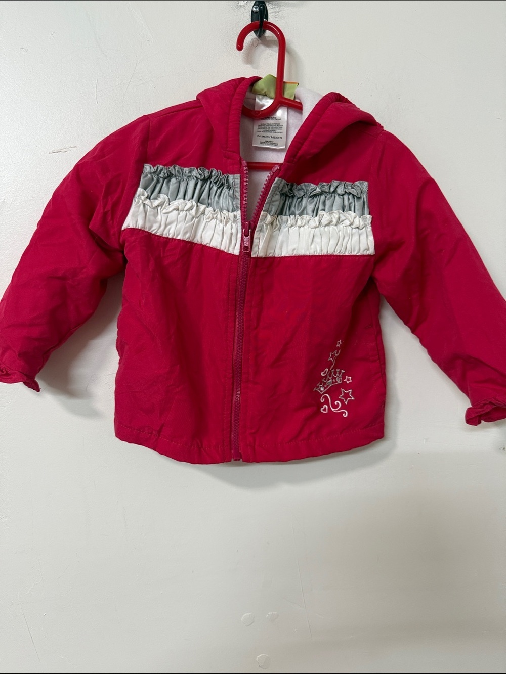 Penelope Mack Hot Pink Hooded Jacket with White & Gray Ruffles